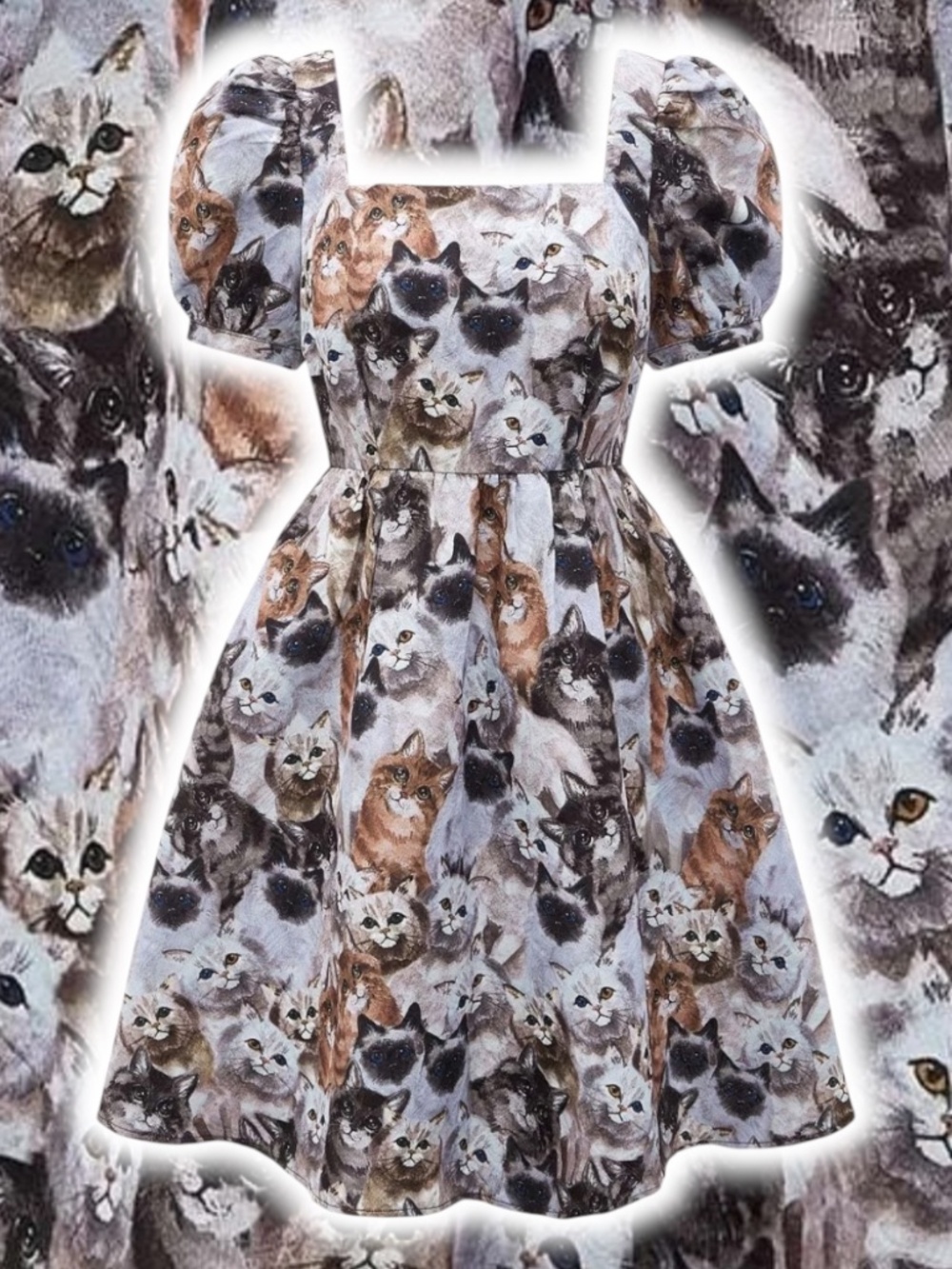 Cat Print Babydoll Dress NEW L Puff Sleeve A-Line Skater Tapestry Kitty Square
